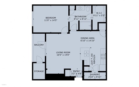 Floor plan for 1 bed, 1 bath, 789 sqft